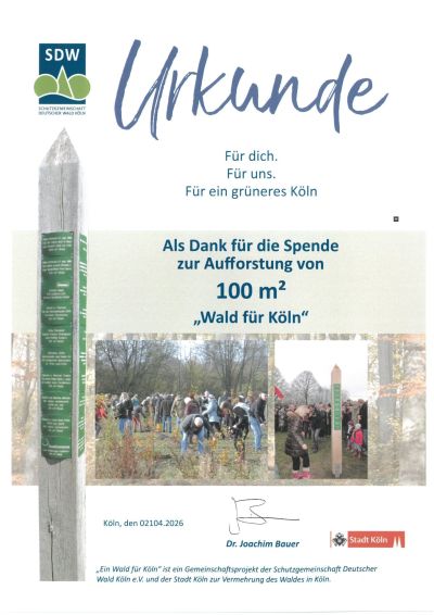 Urkunde der SAUBER ENERGIE für 100 Bäume für Köln.
