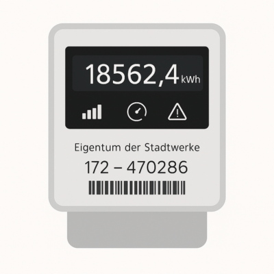 Digitaler Zähler mit Display und scrollenden Anzeigen. Zeigt unter anderem „1.8.0“ (Bezug) und „2.8.0“ (Einspeisung).