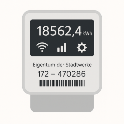 Digitaler Stromzähler mit Anzeige des Stromverbrauchs und Symbolen für WLAN, Signalstärke und Einstellungen. Unten stehen die Zählernummer und ein Hinweis auf das Eigentum der Stadtwerke.