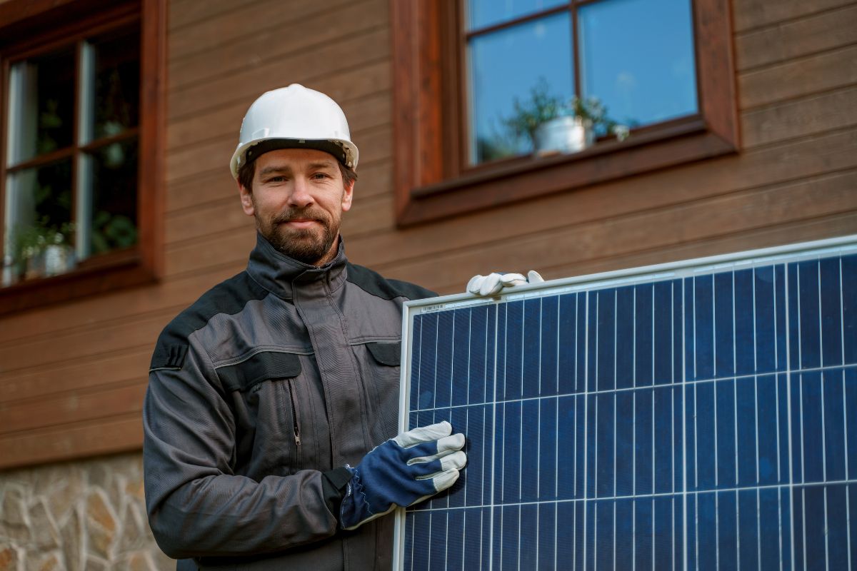 Mann hält Solarpaneel: Zuhause Strom erzeugen