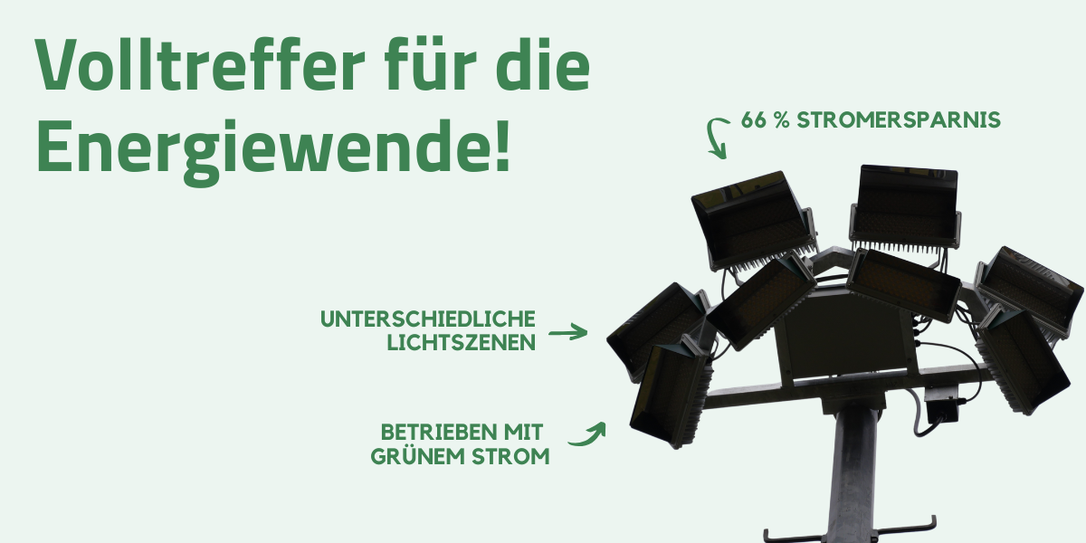 LED-Flutlicht. Beschriftung: Volltreffer für die Energiewende