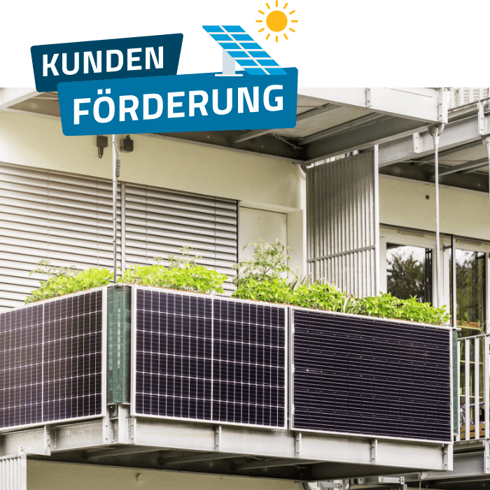 Balkon mit installierten Solarmodulen und Pflanzen, Symbolbild für Förderung von Balkonkraftwerken.