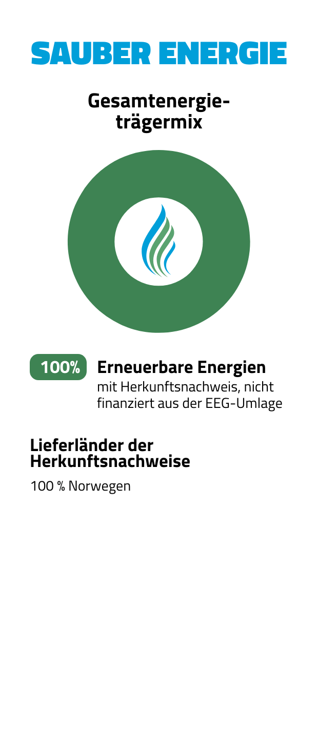 Diagramm zum Gesamtenergiemix der SAUBER ENERGIE: 100 % erneuerbare Energien mit Herkunftsnachweis, nicht finanziert aus der EEG-Umlage. Das Diagramm zeigt einen vollständig grünen Kreis, der den reinen Anteil erneuerbarer Energien darstellt.